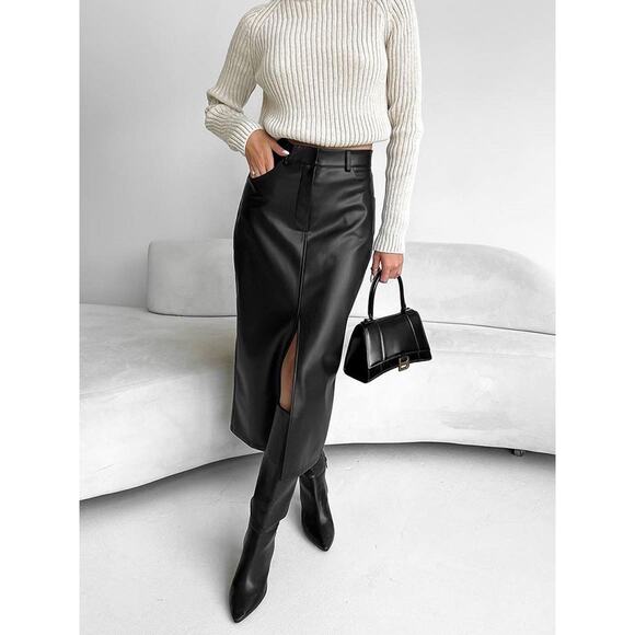 Commense Faux Leather Slit Midi Skirt Black Grunge Y2K M Fallcore - Picture 1 of 8
